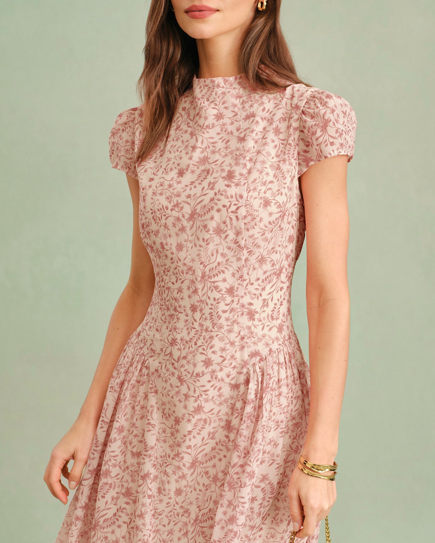 Pink Mock Neck Floral Maxi Dress | Rihoas