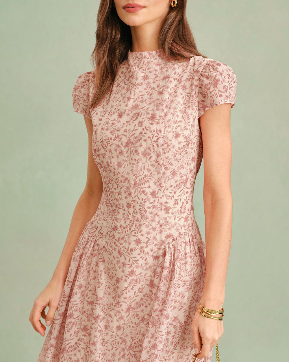 Pink Mock Neck Floral Maxi Dress | Rihoas