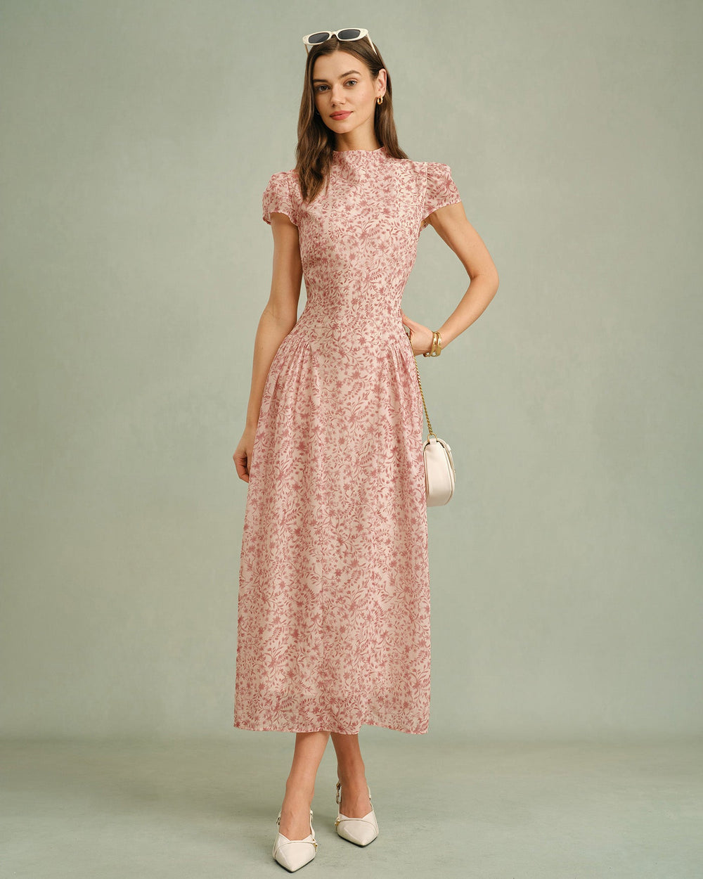 Pink Mock Neck Floral Maxi Dress | Rihoas