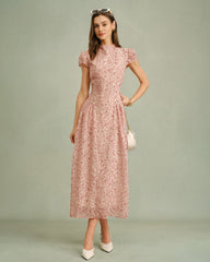 Pink Mock Neck Floral Maxi Dress | Rihoas