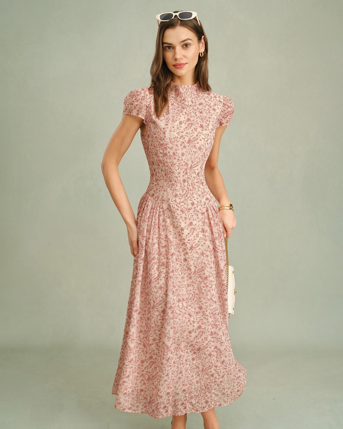 Pink Mock Neck Floral Maxi Dress | Rihoas
