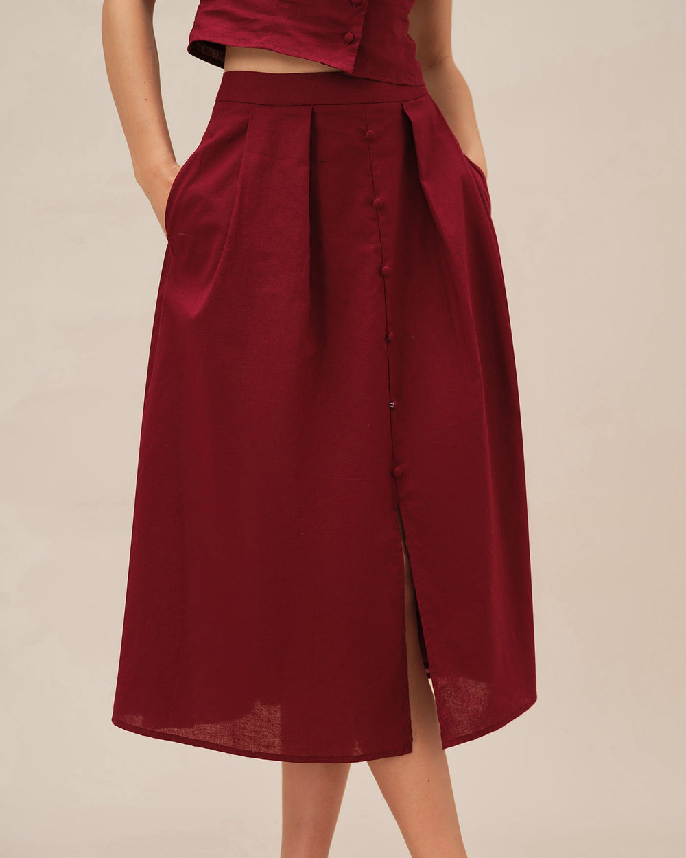 Red Ruched Slit Midi Skirt | Rihoas