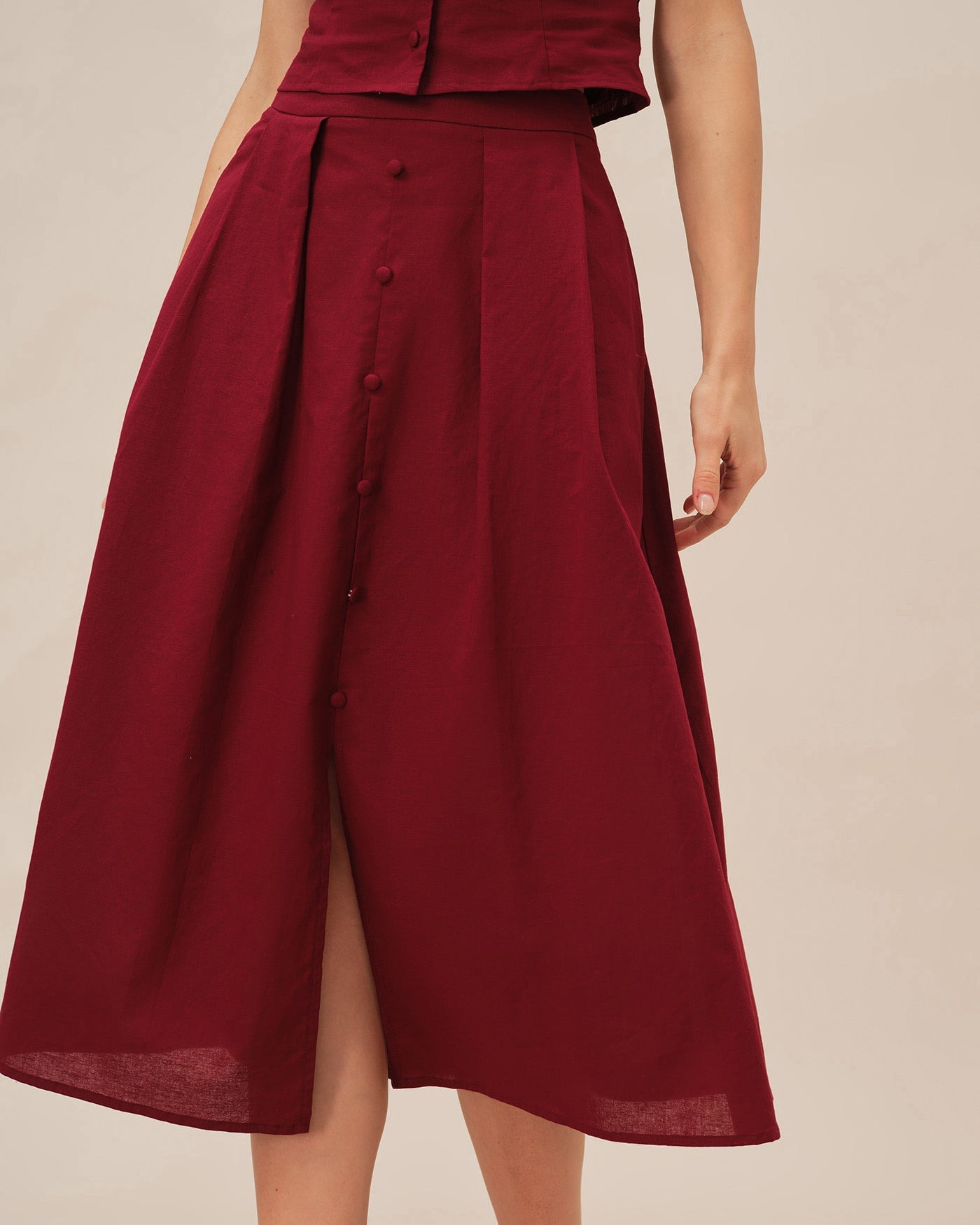 Red Ruched Slit Midi Skirt | Rihoas