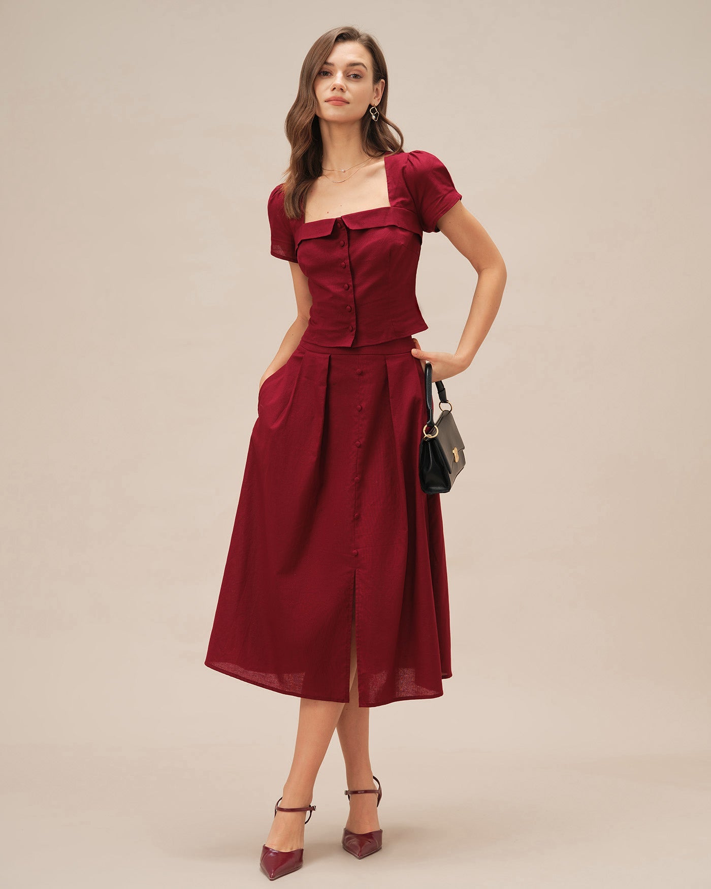 Red Ruched Slit Midi Skirt | Rihoas