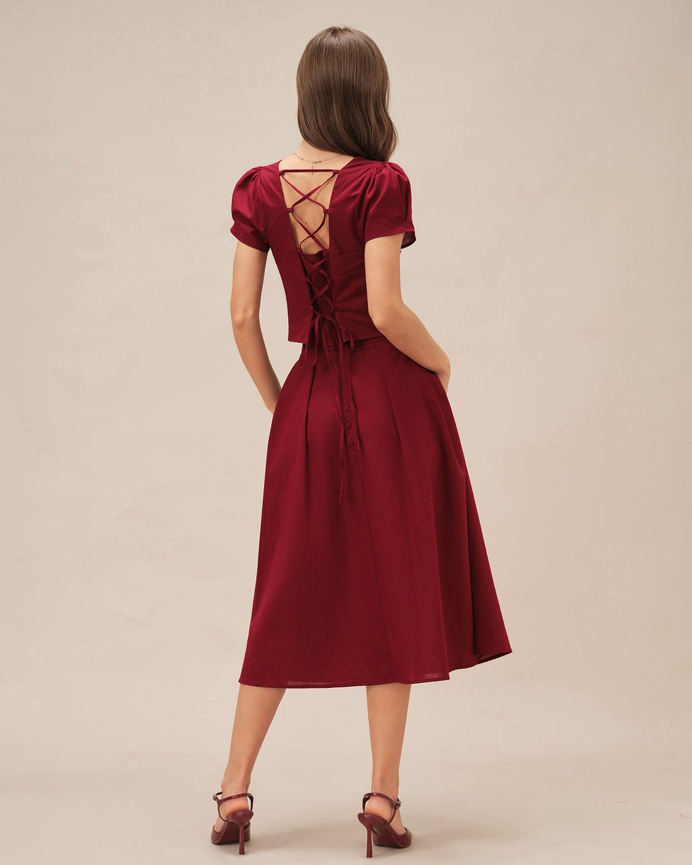 Red Ruched Slit Midi Skirt | Rihoas