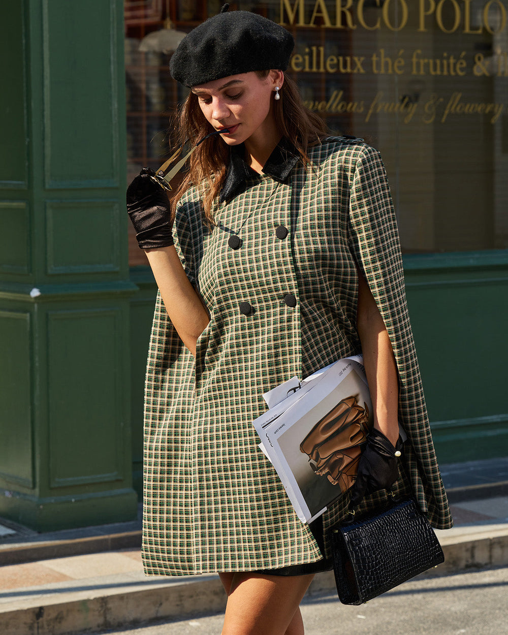 Green Plaid Cape Sleeve Coat | Rihoas