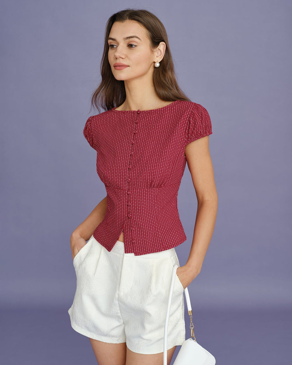 Red Boat Neck Plaid Blouse | Rihoas