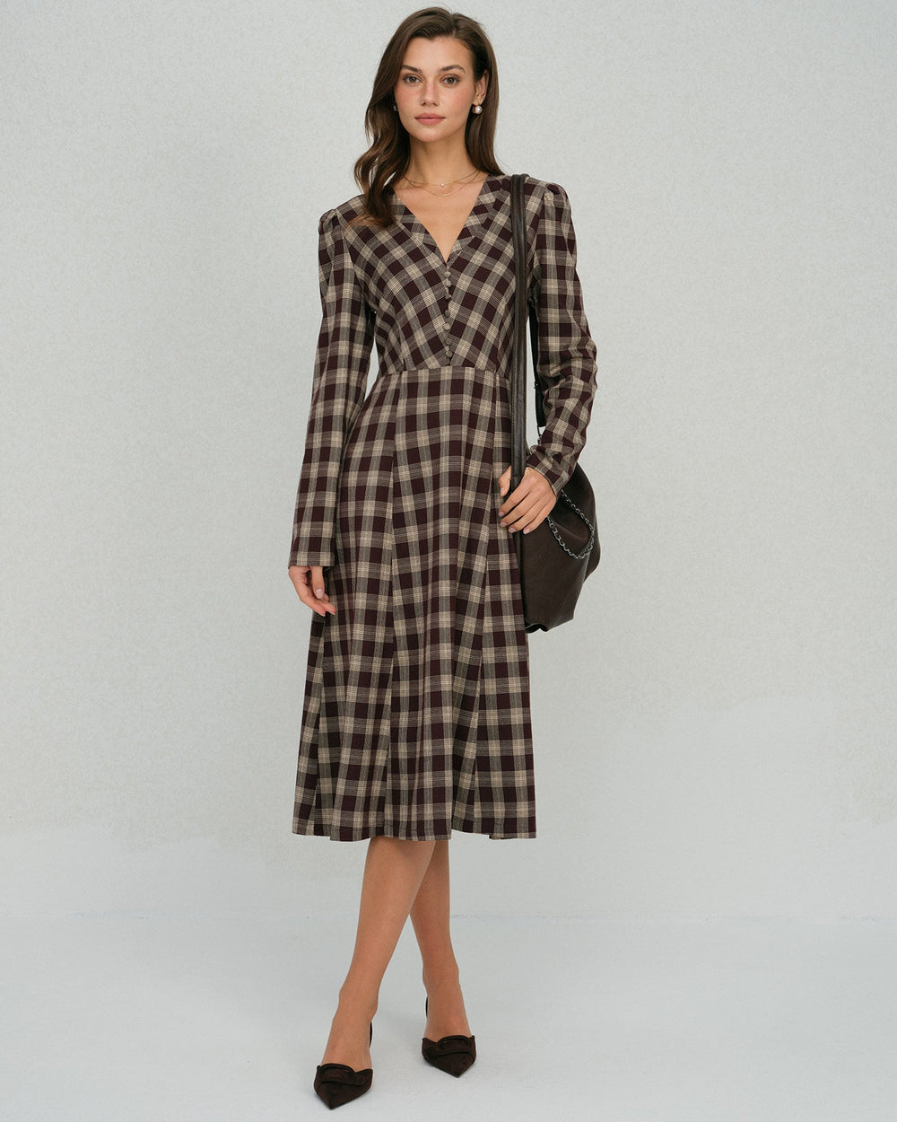 Brown Floral V Neck Midi Dress | Rihoas