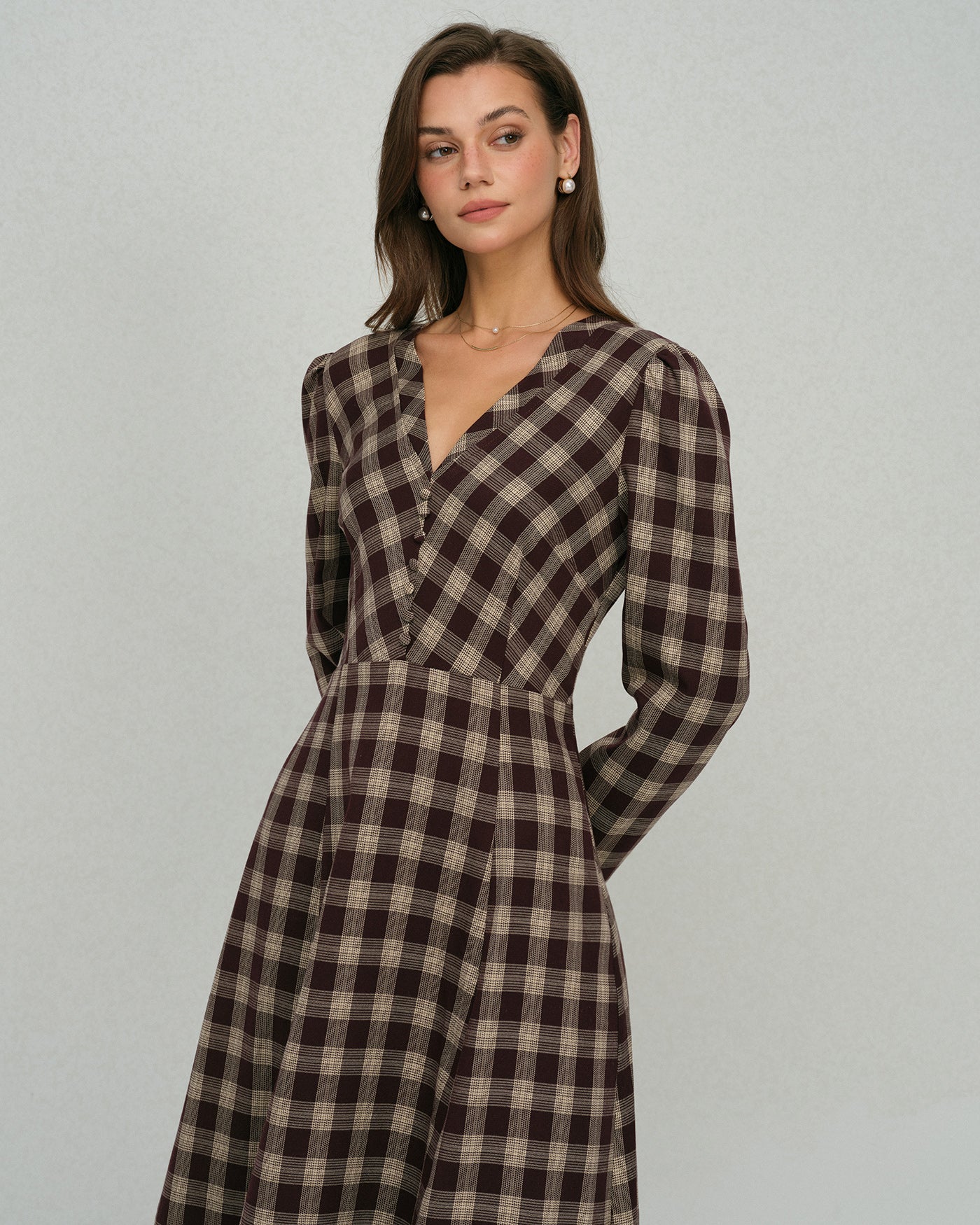 Brown Floral V Neck Midi Dress | Rihoas