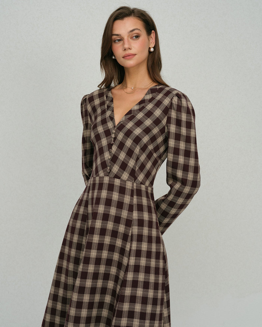 Brown Floral V Neck Midi Dress | Rihoas