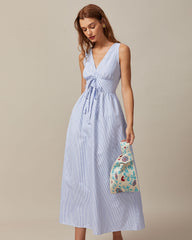 The Blue V Neck Shirred Striped Maxi Dress | Rihoas
