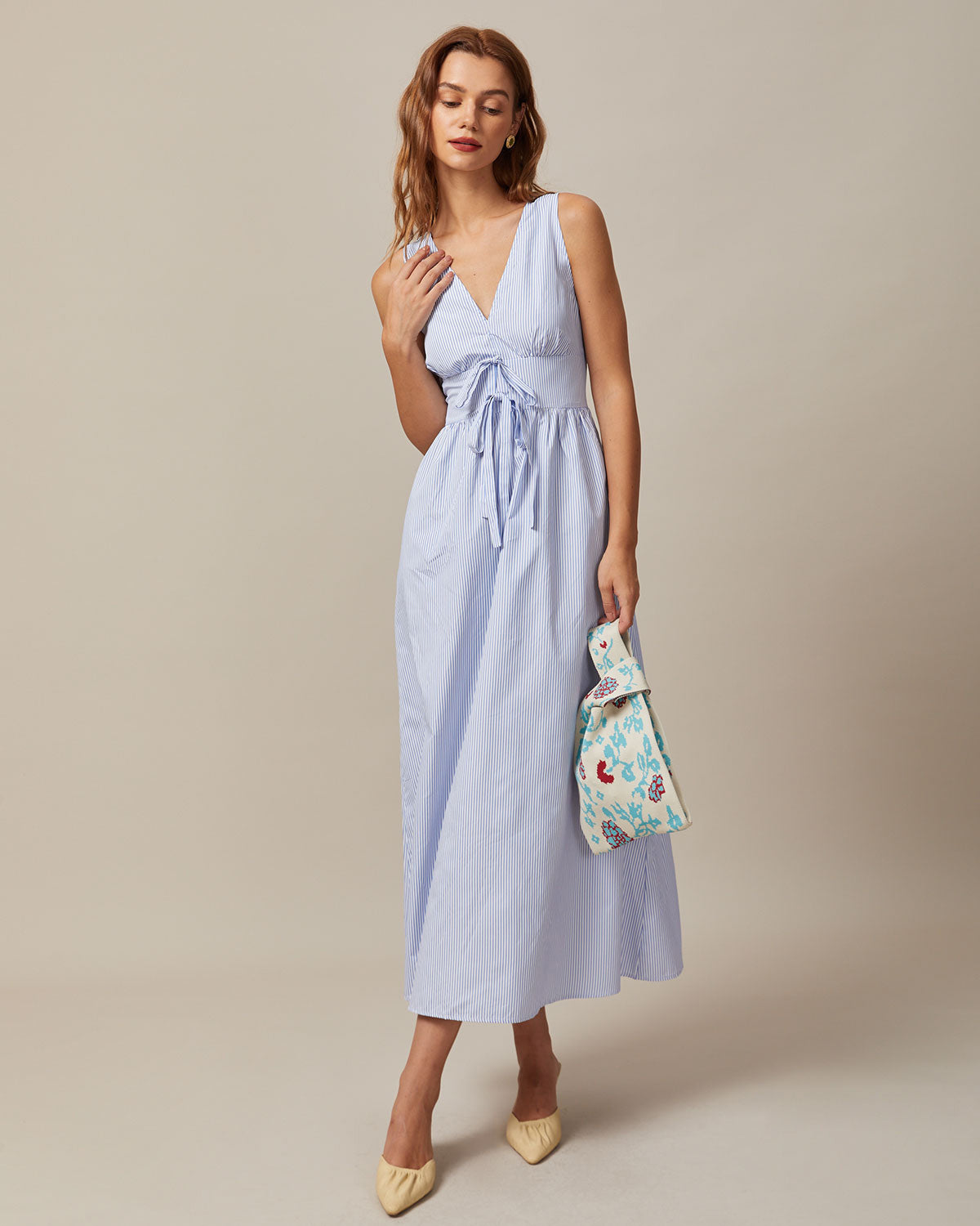 The Blue V Neck Shirred Striped Maxi Dress | Rihoas