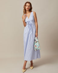 The Blue V Neck Shirred Striped Maxi Dress | Rihoas