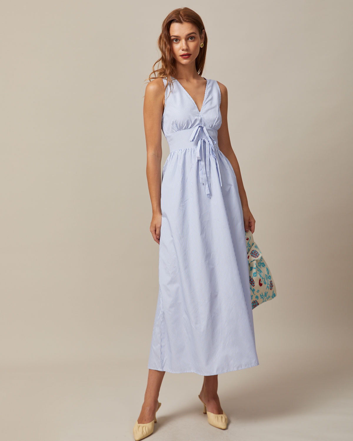 The Blue V Neck Shirred Striped Maxi Dress | Rihoas