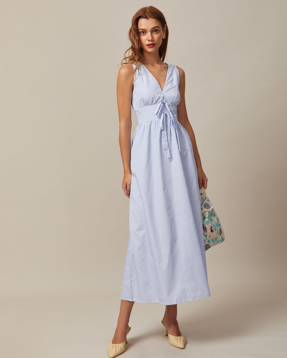 The Blue V Neck Shirred Striped Maxi Dress | Rihoas
