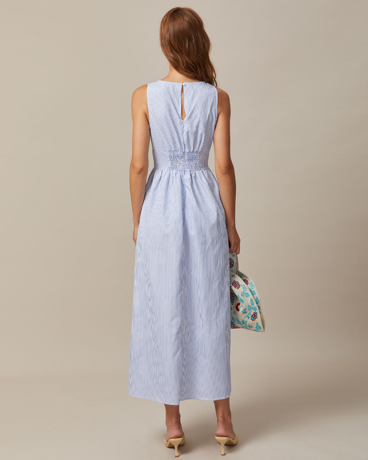 The Blue V Neck Shirred Striped Maxi Dress | Rihoas