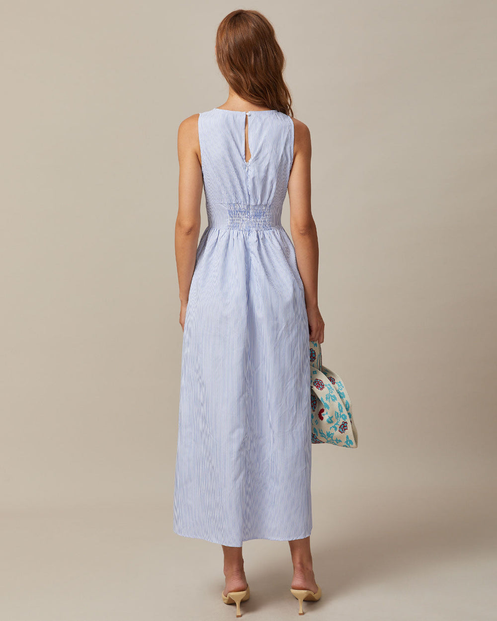 The Blue V Neck Shirred Striped Maxi Dress | Rihoas