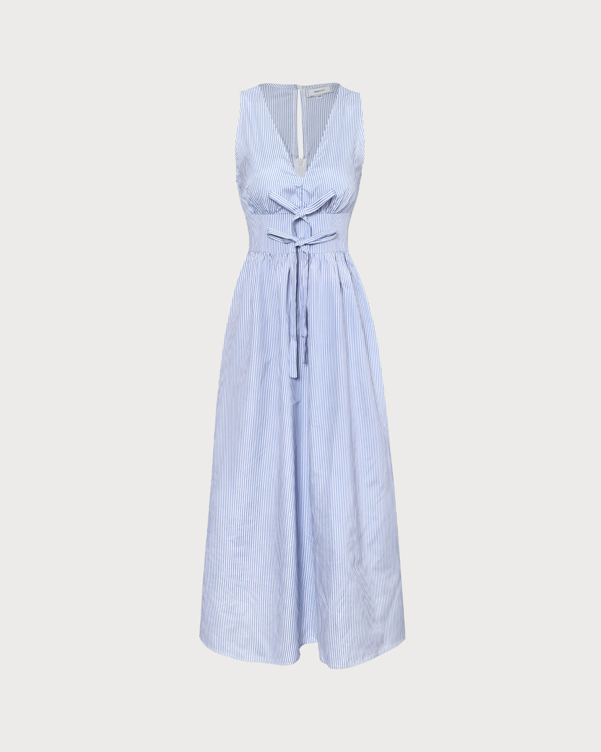 The Blue V Neck Shirred Striped Maxi Dress | Rihoas