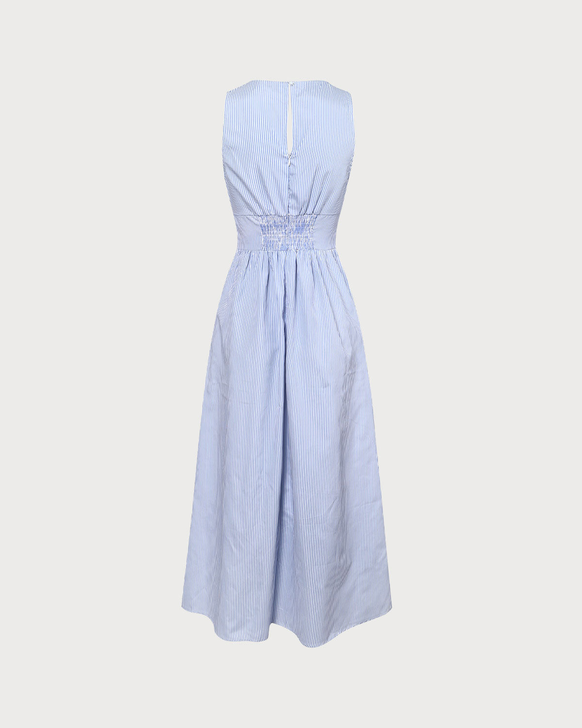 The Blue V Neck Shirred Striped Maxi Dress | Rihoas