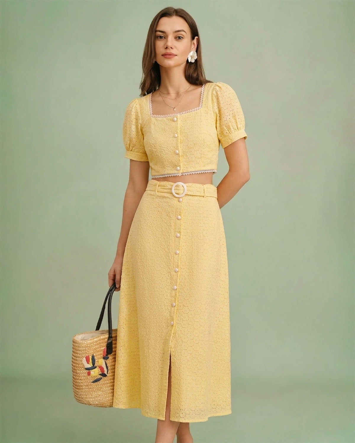 Yellow Embroidery Button Midi Skirt | Rihoas