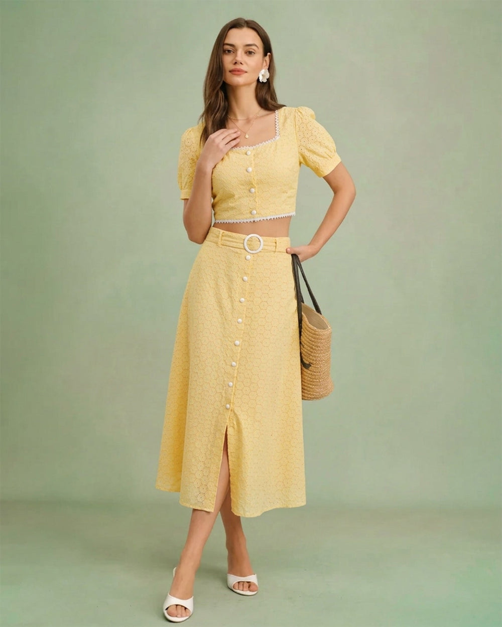 Yellow Embroidery Button Midi Skirt | Rihoas