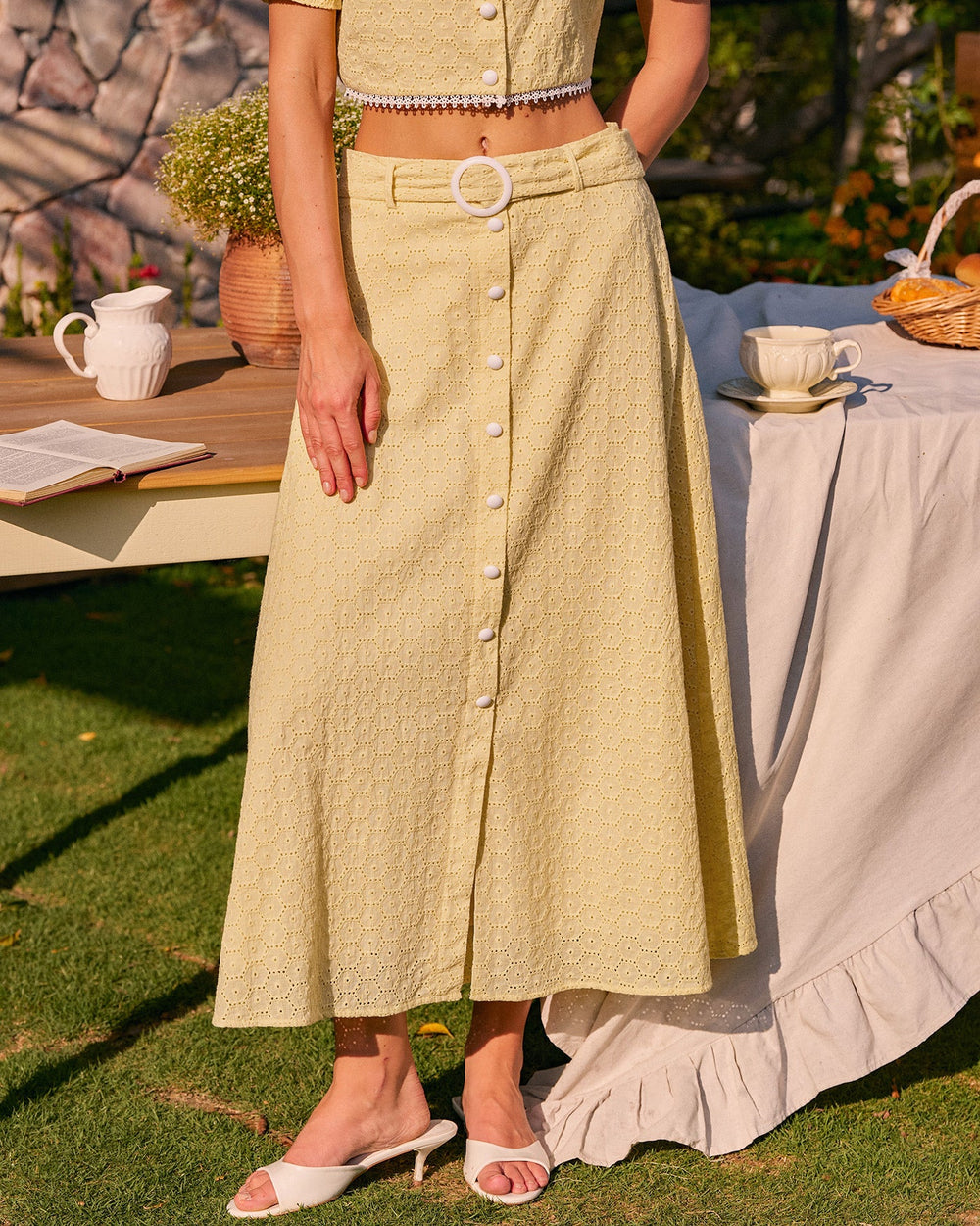 Yellow Embroidery Button Midi Skirt | Rihoas