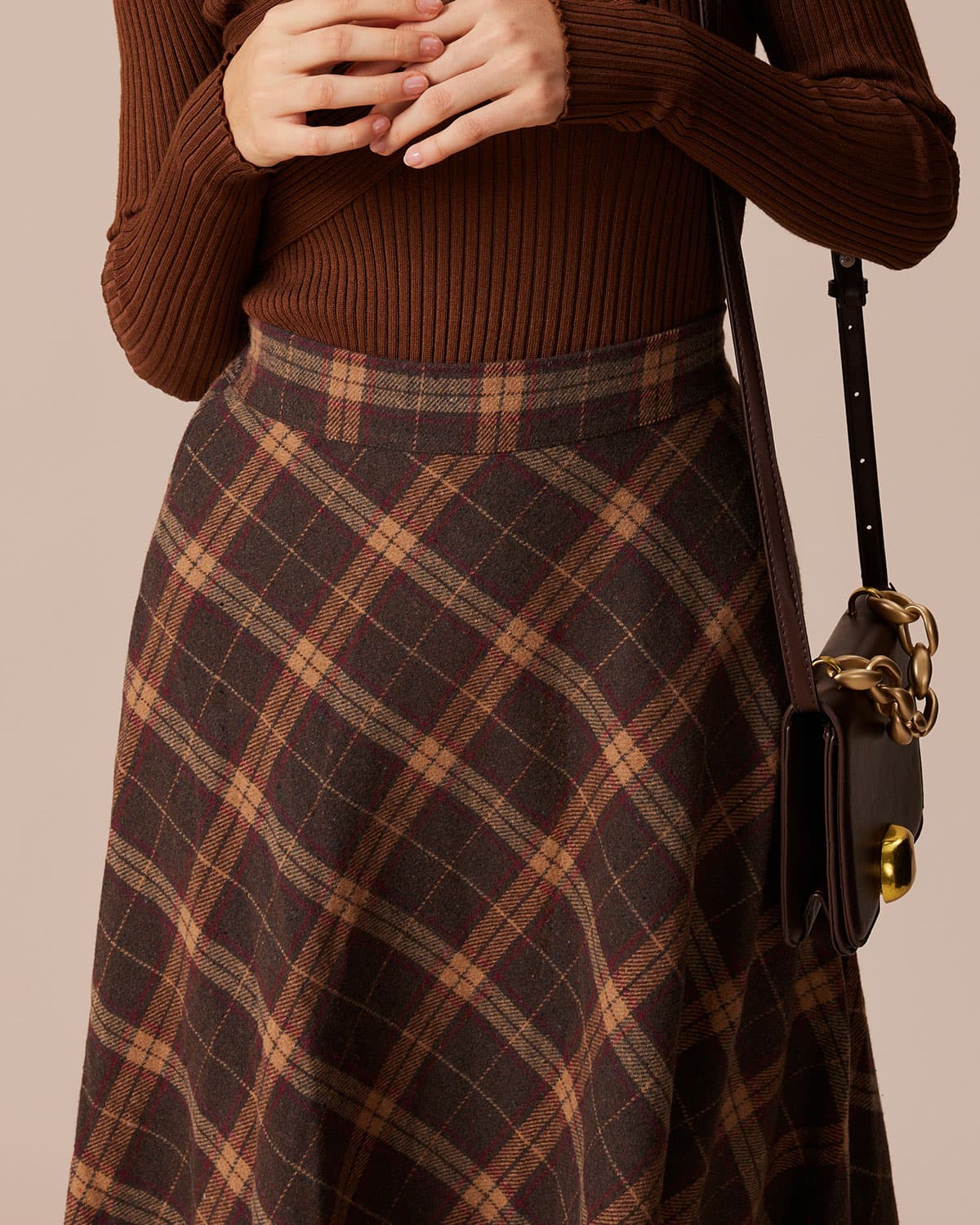 The Brown Elastic Waist Plaid A-Line Midi Skirt | Rihoas