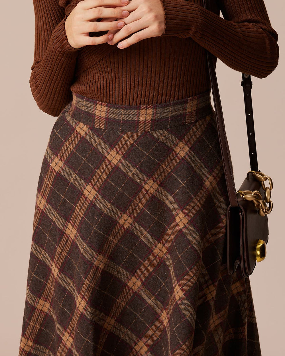 The Brown Elastic Waist Plaid A-Line Midi Skirt | Rihoas