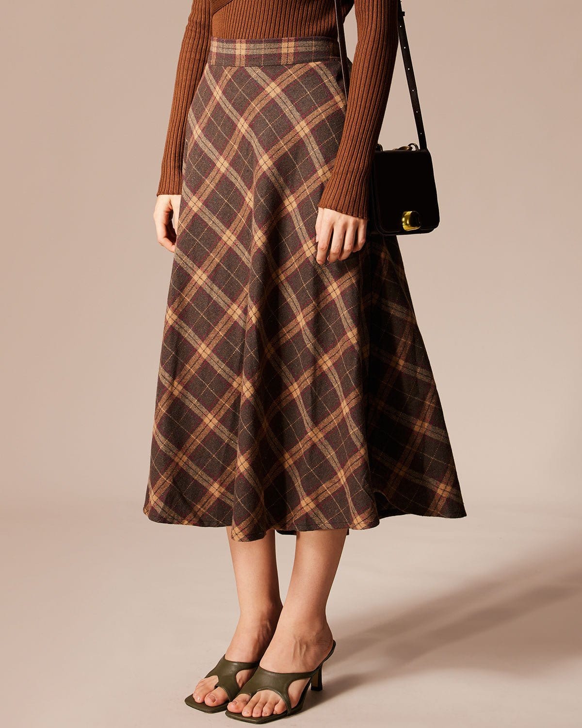 The Brown Elastic Waist Plaid A-Line Midi Skirt | Rihoas