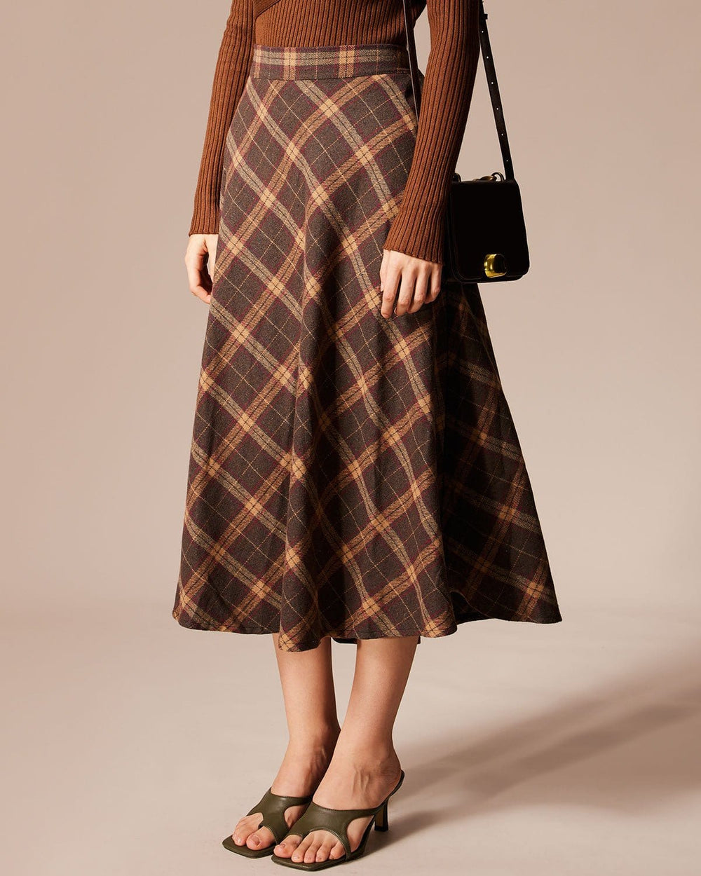 The Brown Elastic Waist Plaid A-Line Midi Skirt | Rihoas