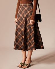 The Brown Elastic Waist Plaid A-Line Midi Skirt | Rihoas