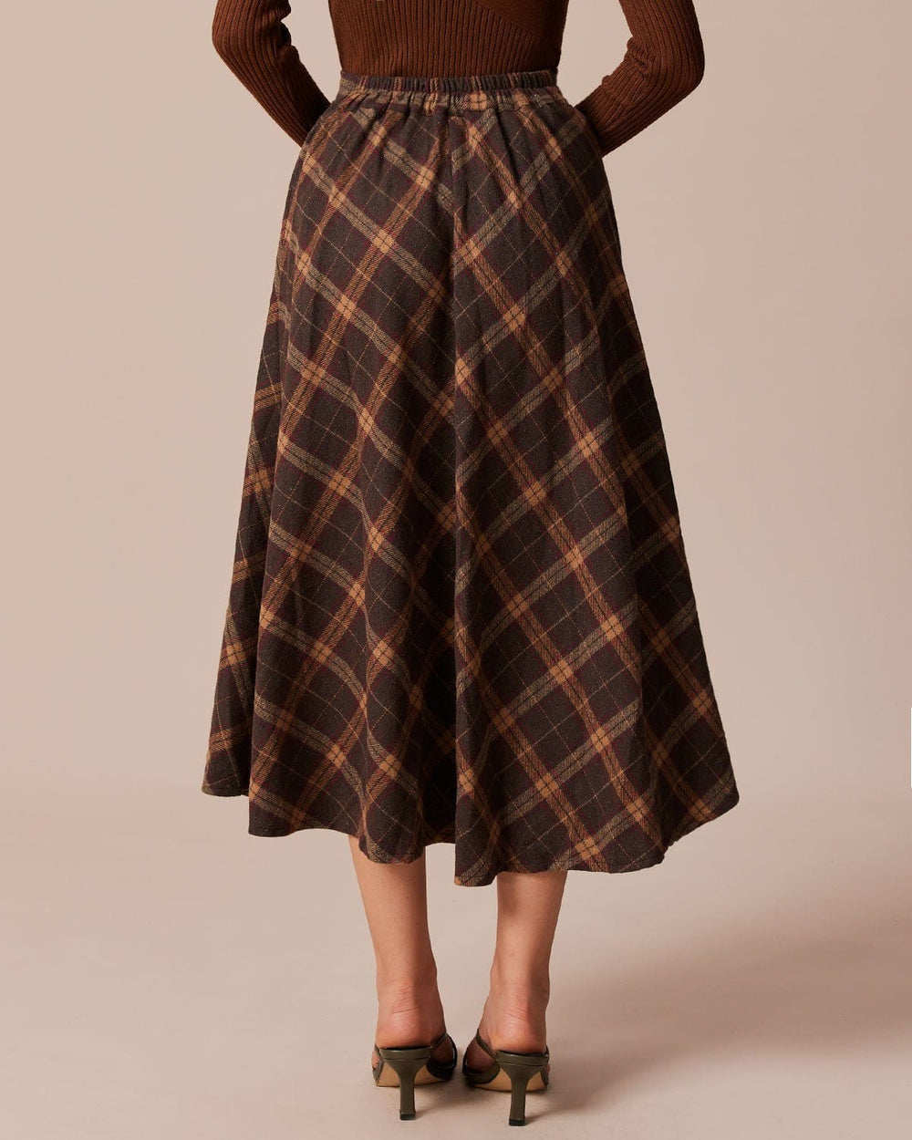 The Brown Elastic Waist Plaid A-Line Midi Skirt | Rihoas