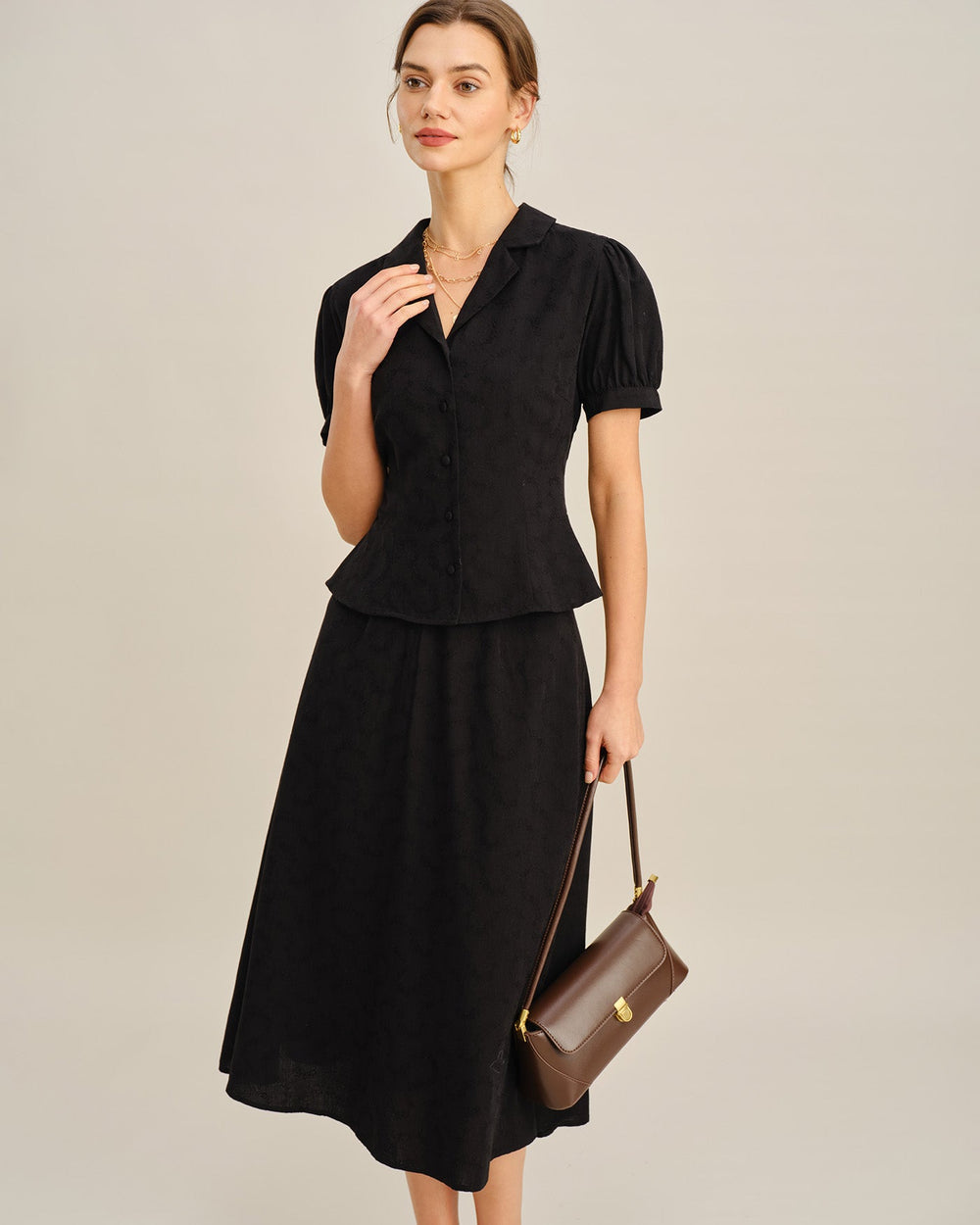 Black Embroidery Collar Button Blouse | Rihoas
