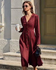 Wine Red Ruched A-Line Midi Dress | Rihoas