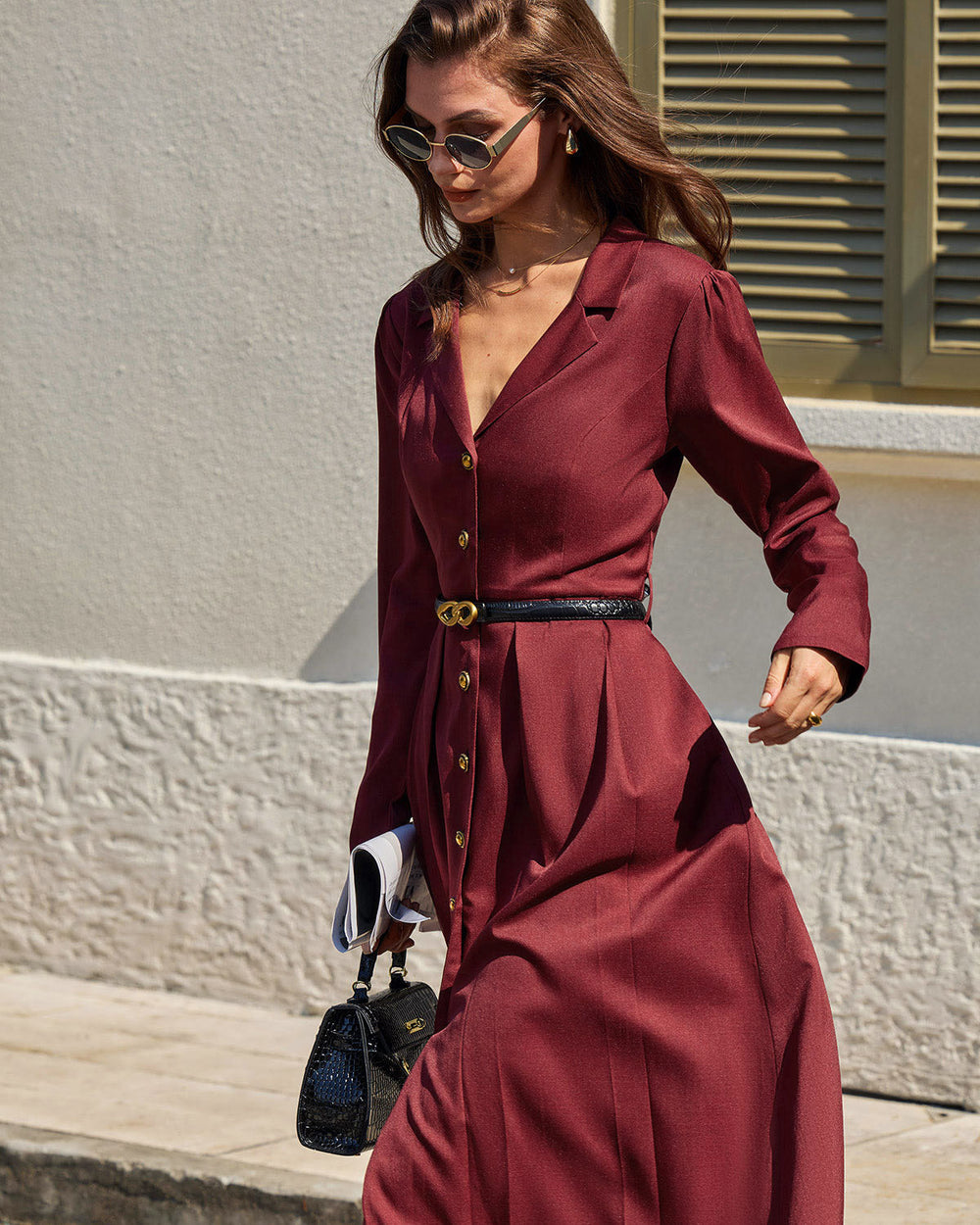 Wine Red Ruched A-Line Midi Dress | Rihoas