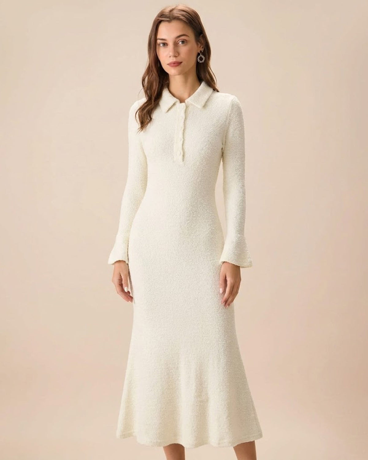 Apricot Collar Bell Sleeve Midi Dress | Rihoas