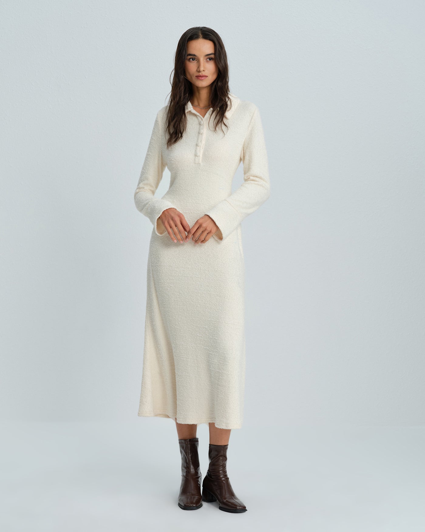 Apricot Collar Bell Sleeve Midi Dress | Rihoas
