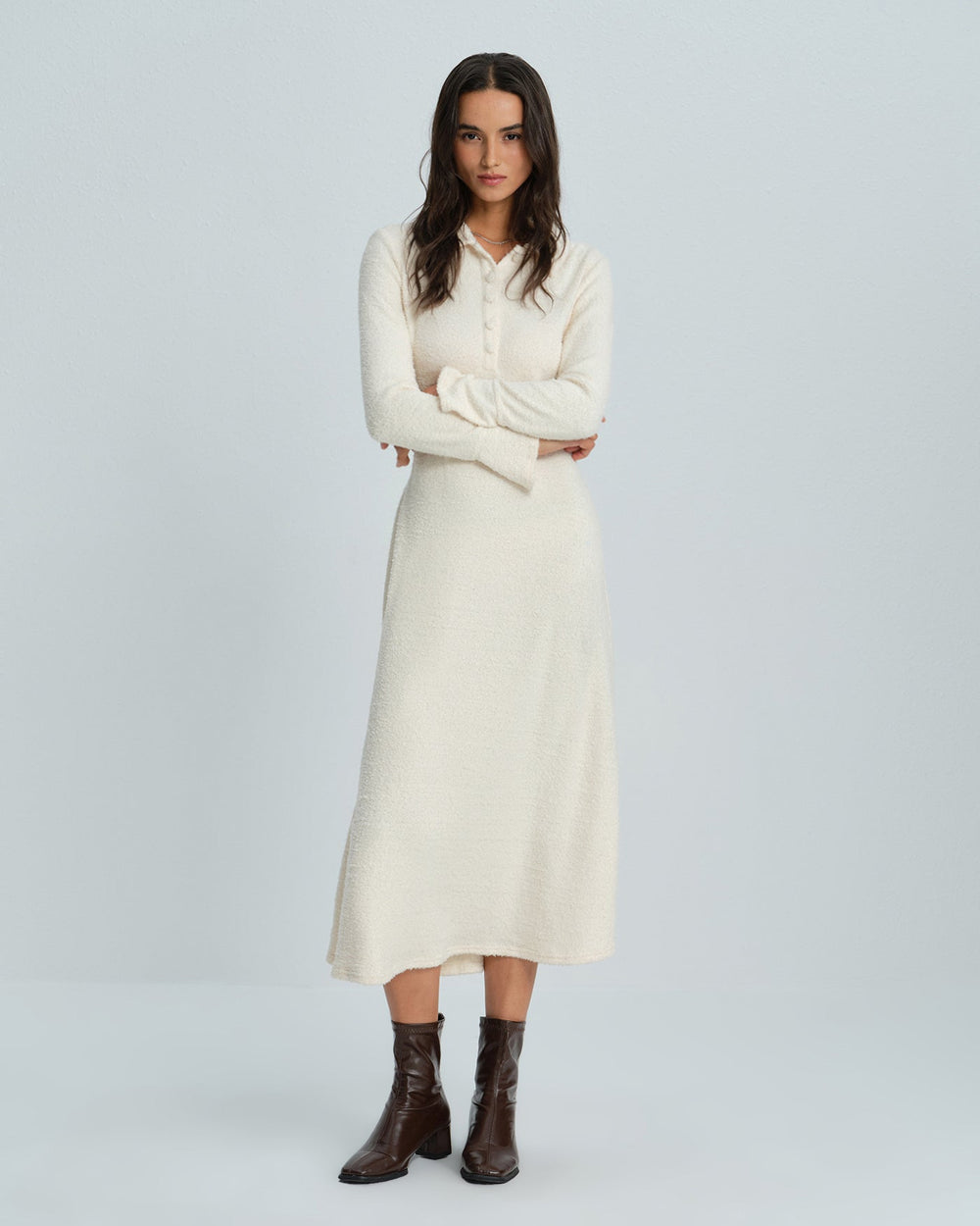 Apricot Collar Bell Sleeve Midi Dress | Rihoas