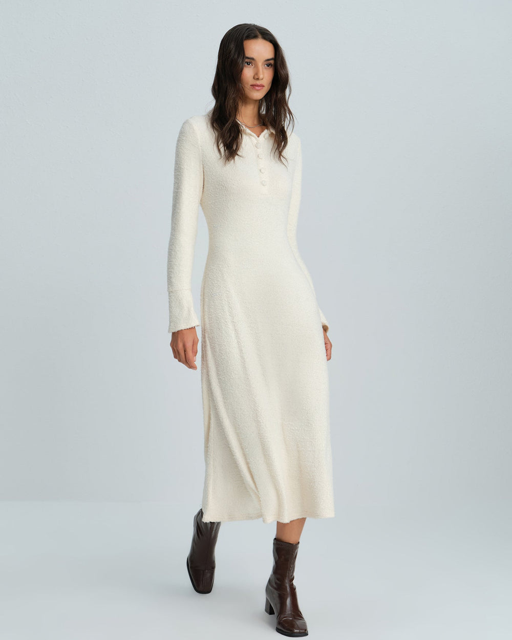 Apricot Collar Bell Sleeve Midi Dress | Rihoas