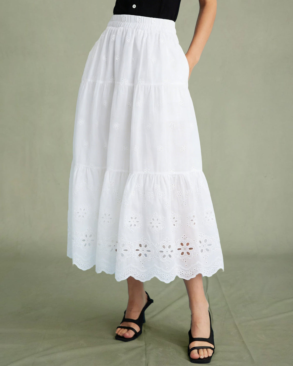 White Floral Textured Midi Skirt | Rihoas