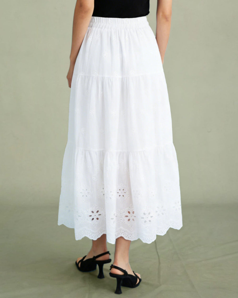 White Floral Textured Midi Skirt | Rihoas