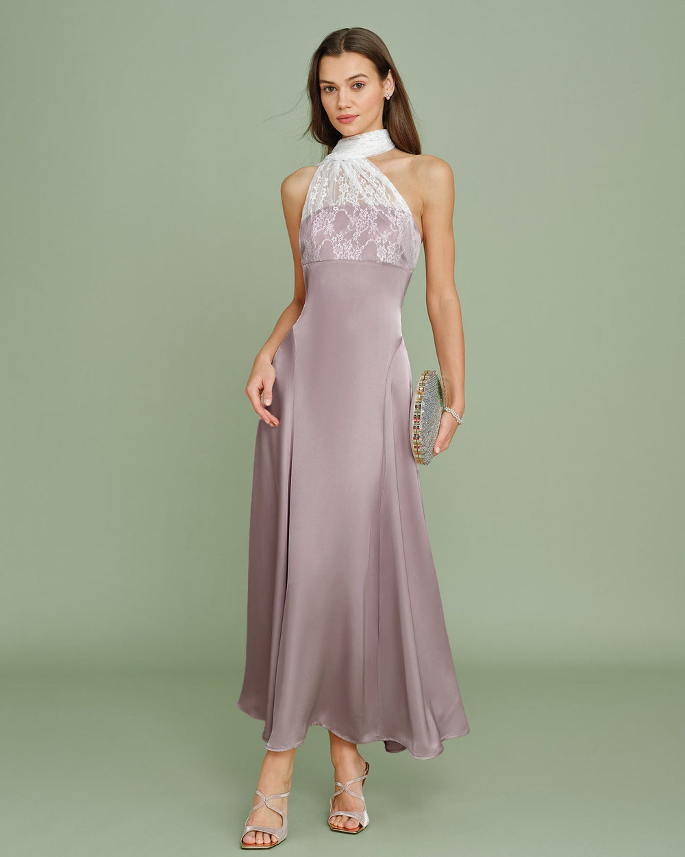 Pink One Shoulder Lace Splicing Maxi Dress | Rihoas