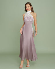 Pink One Shoulder Lace Splicing Maxi Dress | Rihoas