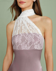 Pink One Shoulder Lace Splicing Maxi Dress | Rihoas