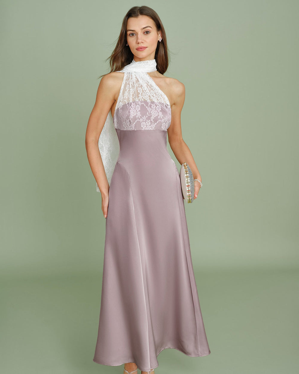 Pink One Shoulder Lace Splicing Maxi Dress | Rihoas