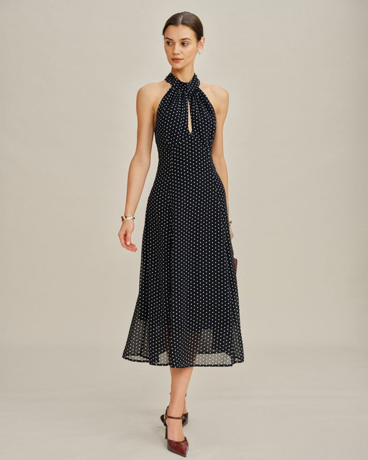 Black Polka Dot Halter Midi Dress | Rihoas