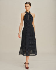 Black Polka Dot Halter Midi Dress | Rihoas
