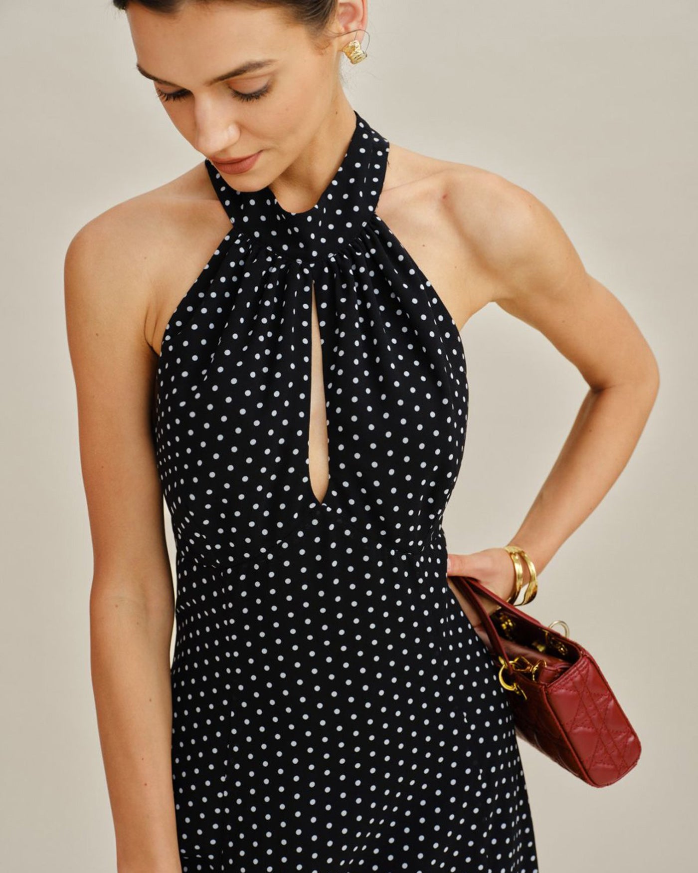 Black Polka Dot Halter Midi Dress | Rihoas