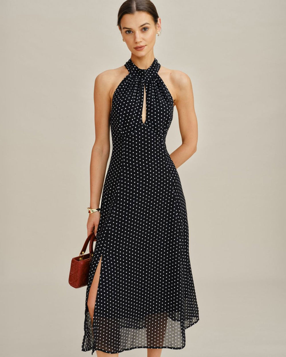 Black Polka Dot Halter Midi Dress | Rihoas