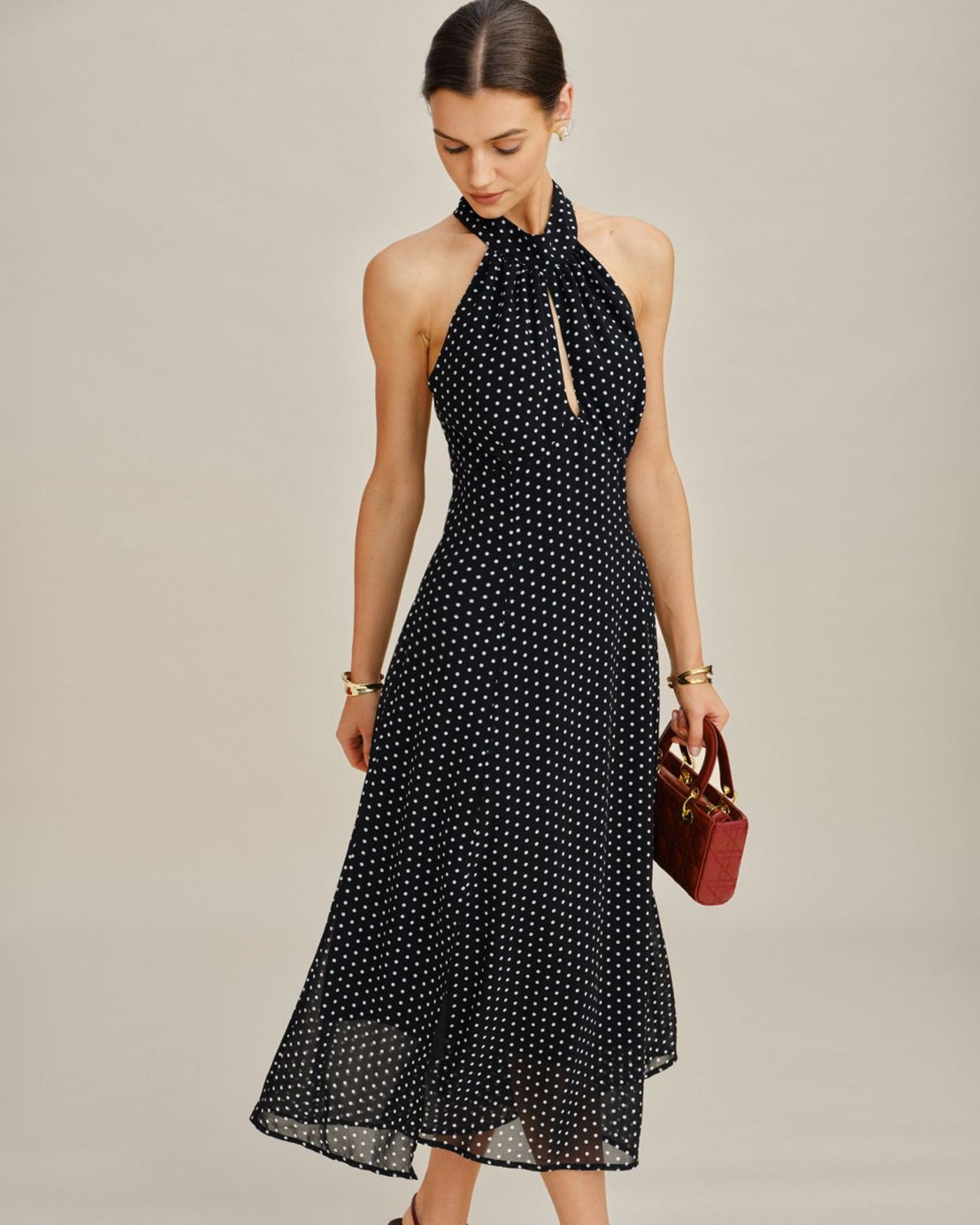 Black Polka Dot Halter Midi Dress | Rihoas